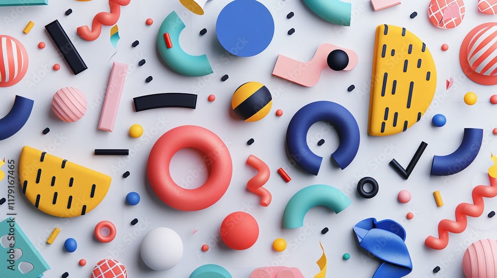 Poster a bright and colorful collection of abstract 3d shapes on a white background.