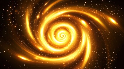 Golden spiral vortex with glowing particles and dark background.