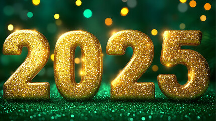 2025 Gold Glitter Numbers Shine on Sparkling Green Background for New Year Celebration