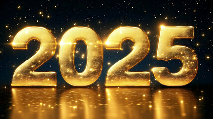 Golden 2025 Numbers Shine Brightly on a Reflective Surface with Sparkling Particles