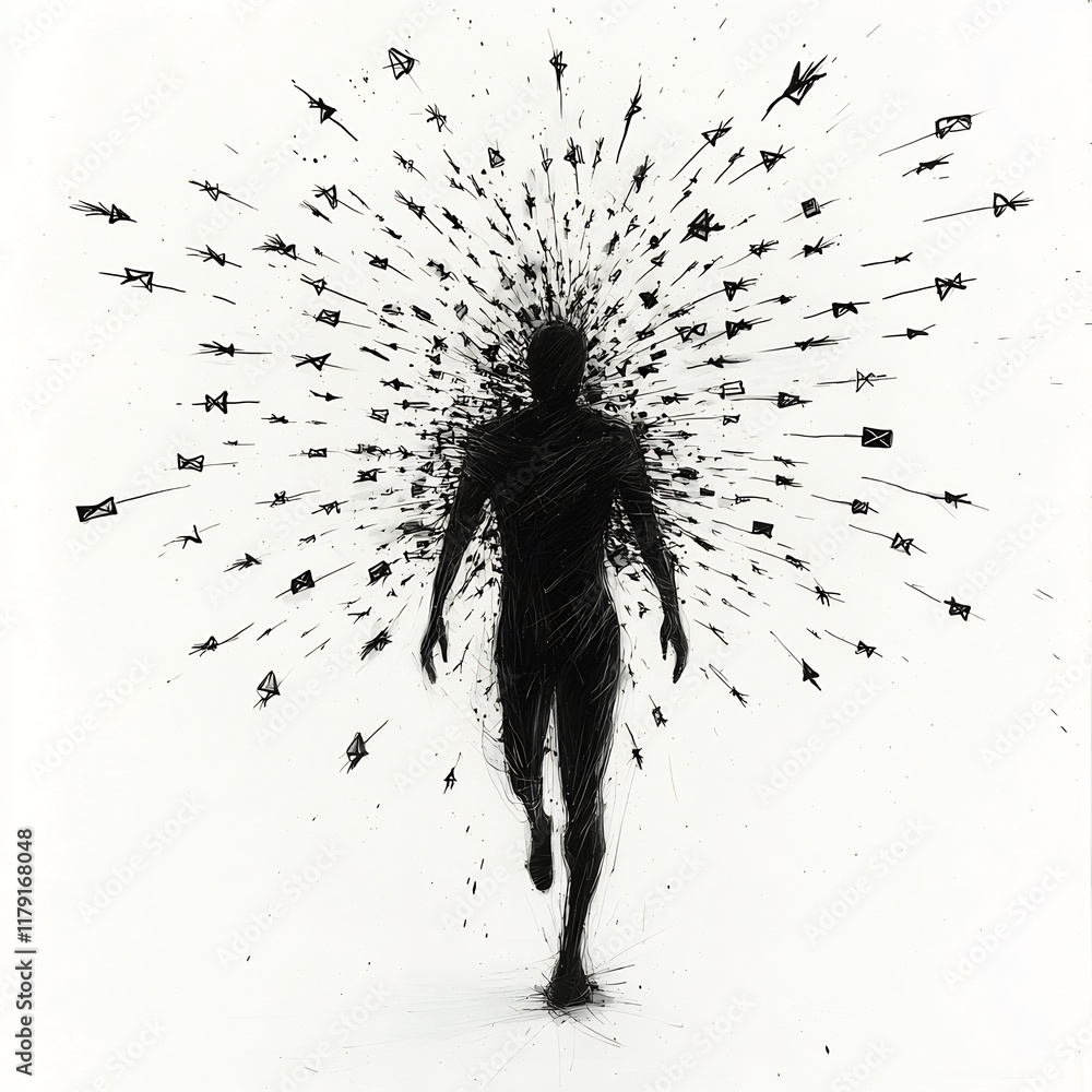 Poster surreal digital artwork featuring a silhouetted human figure surrounded by an array of directional a