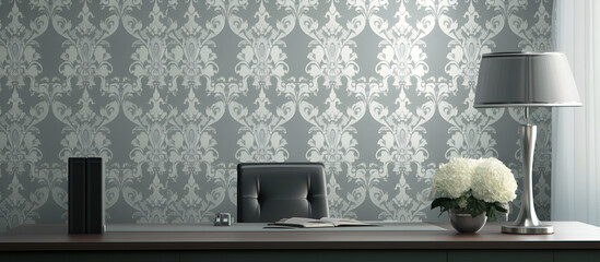 Elegant damask wallpaper in muted silver and gray, giving a timeless, refined look to an executive office setting 