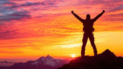 Triumphant Hiker With Arms Lifted to the Sky at Sunset