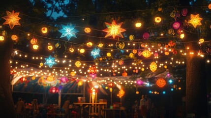 Fototapeta premium Colorful festival lights create a magical atmosphere for gathering and celebration at night.