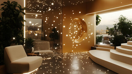Futuristic Interior Design Showcases a Starry Night Ambiance with Modern Furniture and City View.