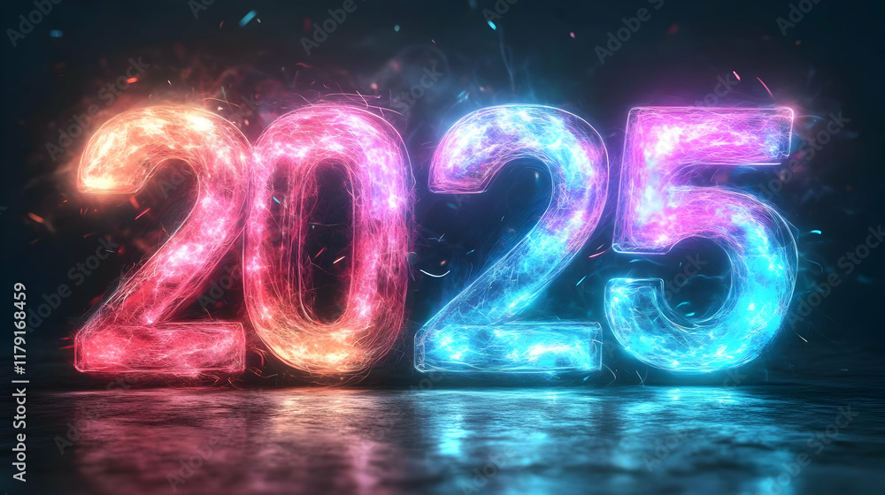 Poster 2025: abstract neon light trails form futuristic numbers on dark background with reflections.