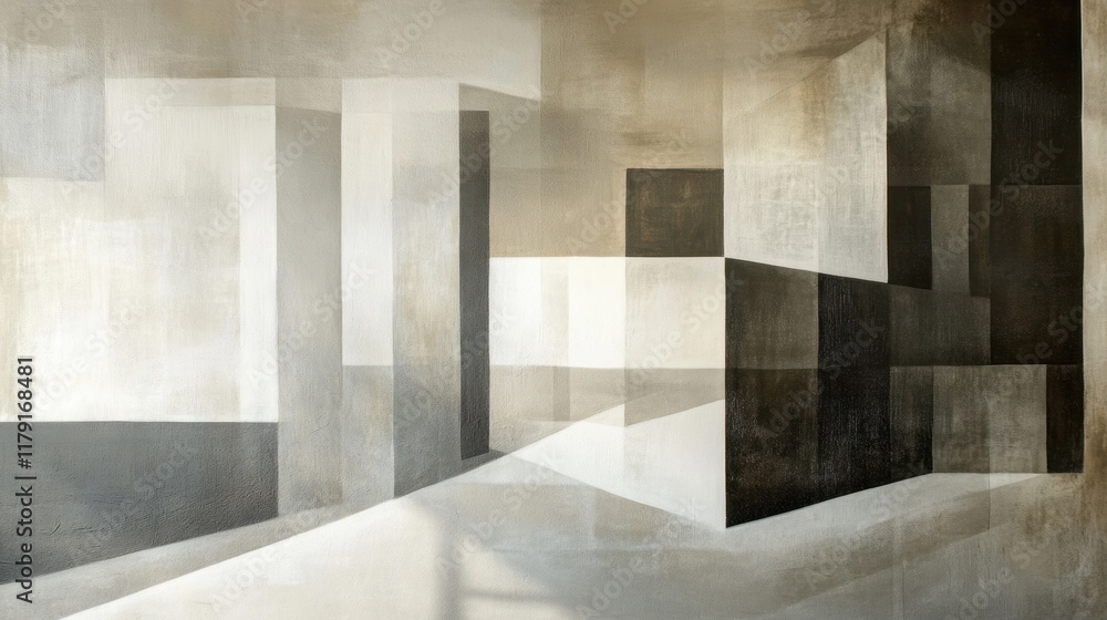 Aufkleber a contemporary mural with abstract blocks and shadows, creating a modern look on a light neutral bac