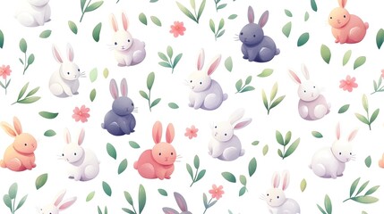 Watercolor Bunnies and Flowers Soft Spring Pattern Background