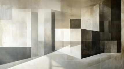 A contemporary mural with abstract blocks and shadows, creating a modern look on a light neutral background