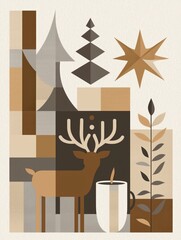 Fototapeta premium Scandinavian Christmas Patchwork: Neutral Geometric Festive Design