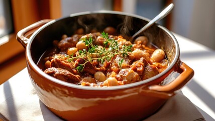 Steaming bowl of meat and bean stew garnished with fresh herbs in ceramic pot