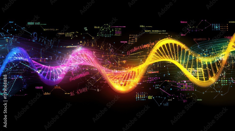 Poster glowing colorful dna helix strand with science formulas on dark background.