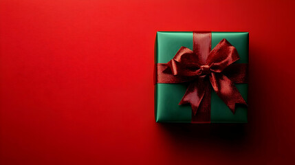 Green Gift Box Wrapped with Red Ribbon Lies Beautifully on a Red Textured Surface