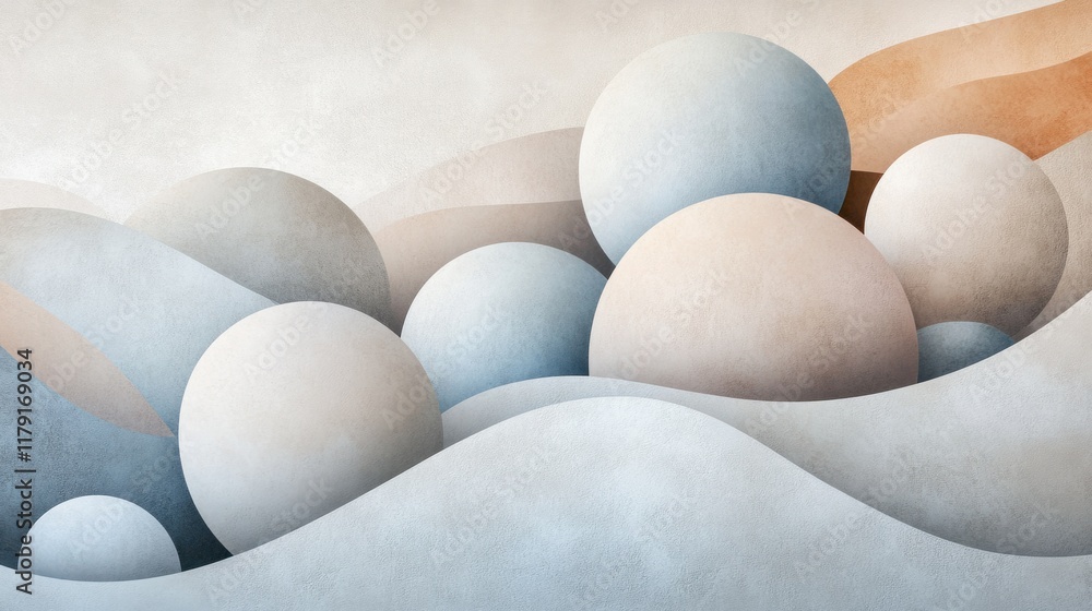 Poster a contemporary mural with overlapping 3d spheres in muted colors, creating depth on a light neutral 