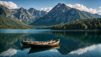 Obraz premium Scenic view of two wooden boats on a tranquil lake surrounded by majestic mountains
