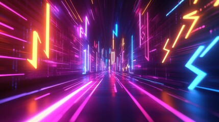 Graphical representation of economic trends in vibrant neon, glowing arrows and bars highlighting key data points in a digital theme