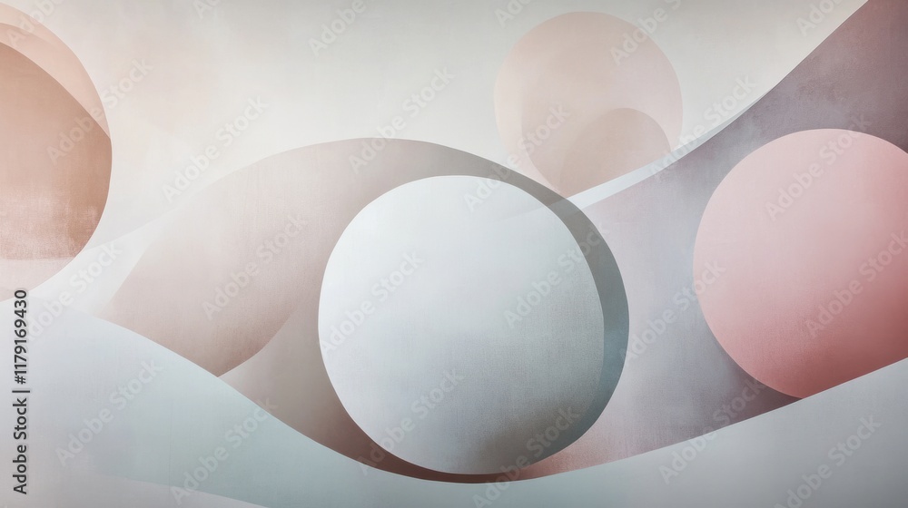 Poster a contemporary mural with overlapping 3d spheres in muted colors, creating depth on a light neutral 