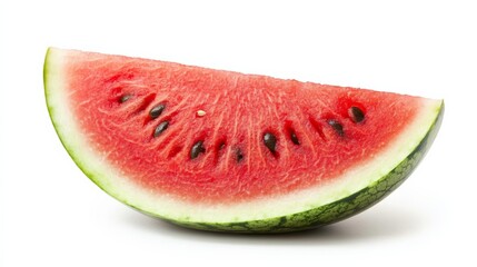 A refreshing watermelon slice with a bright red interior and seeds, isolated on white