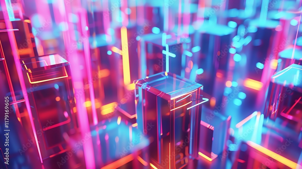 Poster abstract 3d neon light background with colorful cubes and lines.