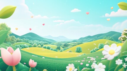 Obraz premium Idyllic 3D cartoon landscape with rolling hills, flowers, and hearts.
