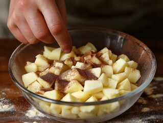 Hand sprinkling cinnamon on diced apples in a glass bowl