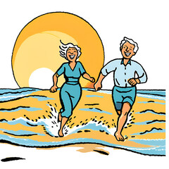 Happy mature couple laughing and running in water at beach