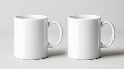Two plain white ceramic coffee mugs with handles