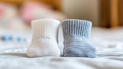 Two pairs of baby socks on white surface