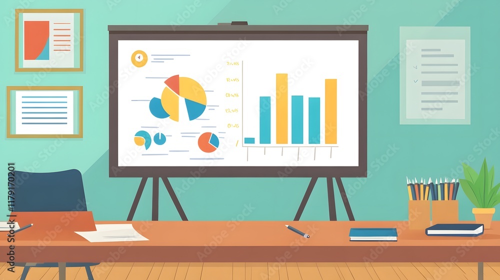 Poster a white board with a pie chart and a bar graph on it. the pie chart is divided into four sections, w