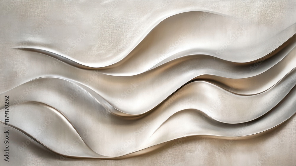 Poster a dynamic 3d mural with flowing wave-like patterns in metallic finishes, on a light beige background