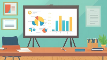A white board with a pie chart and a bar graph on it. The pie chart is divided into four sections, with the largest section being yellow. The bar graph is in the middle of the board and has a blue