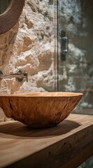 Natural elegance shines through a wooden bowl in a rustic bathroom setting