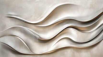 Obraz premium A dynamic 3D mural with flowing wave-like patterns in metallic finishes, on a light beige background