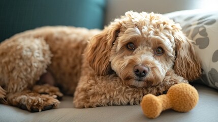 A cozy dog lounging on a soft bed with a chew toy nearby