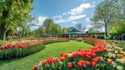 Obraz premium Colorful Tulip Garden with Pavilion and Blue Sky on Bright Day