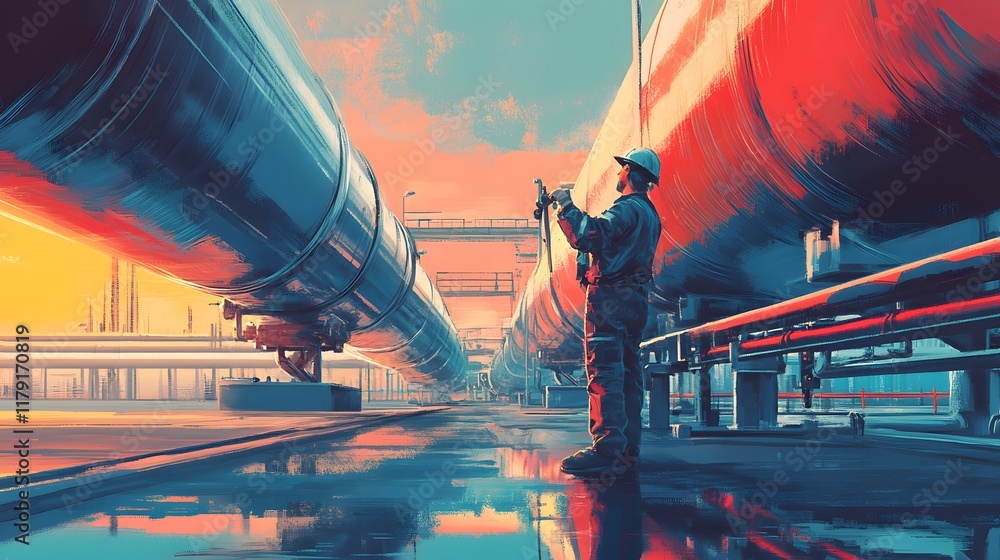 Poster a man is standing in front of a pipeline, holding a tool. the scene is set in a factory or industria