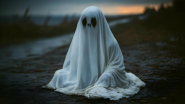 Ghostly Figure Sits on Dark Ground During Dusk with an Ominous Face Painted on It