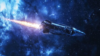 Obraz premium Cosmic Voyage: A Rocket's Fiery Ascent Through the Nebula