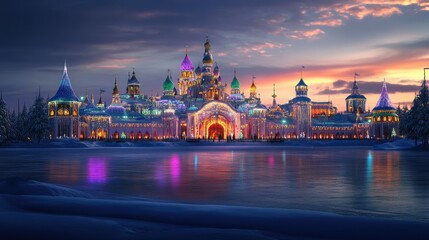 Obraz premium Enchanting Winter Castle with Colorful Lights at Dusk Reflection