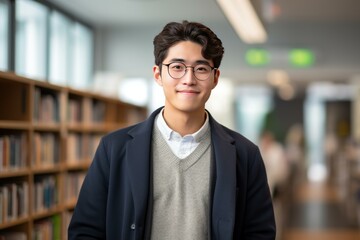 Fototapeta premium Waist up portrait of smiling young man wearing glasses in library, looking confident and intelligent