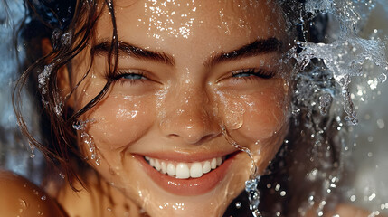 Smiling Woman with Wet Hair and Face Splashed by Water Droplets Gleefully Beams