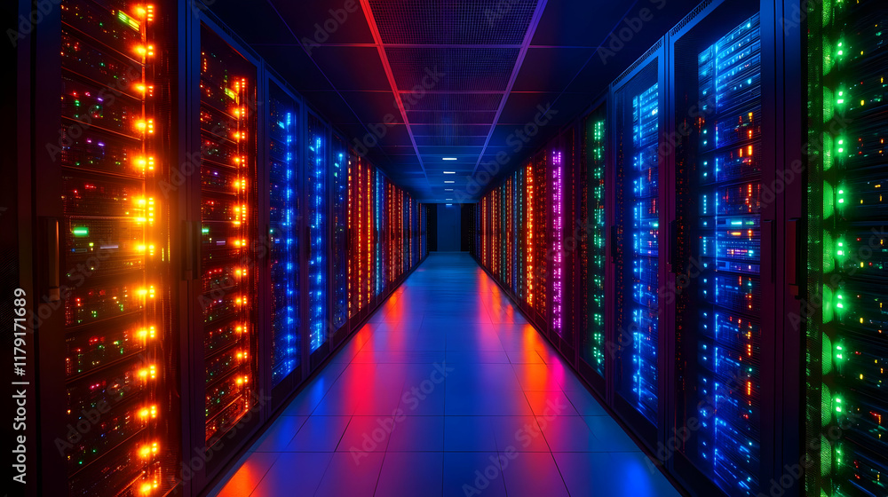 Poster server room glows with colorful lights, reflecting on the floor, creating a futuristic atmosphere