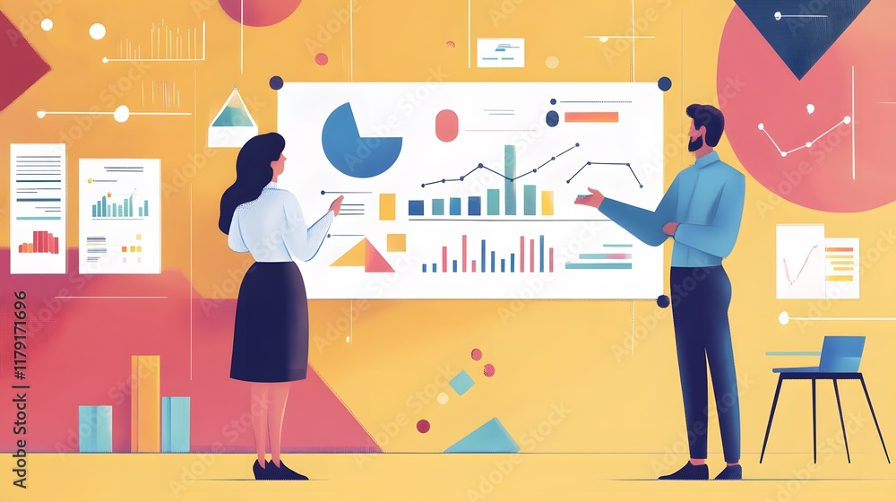 Poster two people are standing in front of a large white board with various graphs and charts. they are dis