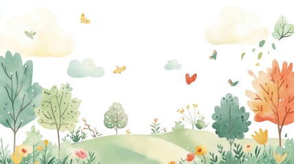Watercolor landscape painting of a whimsical garden with trees, flowers, butterflies, and clouds.