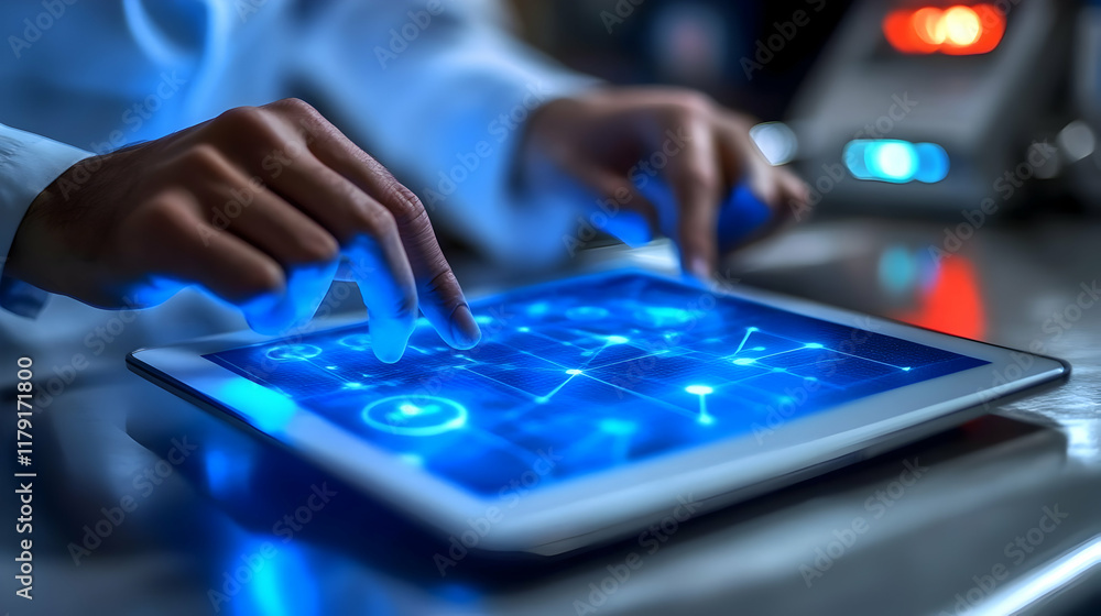 Poster scientist analyzes data on futuristic tablet with interactive holographic interface in laboratory se