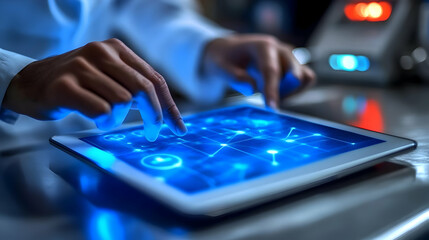 Scientist Analyzes Data on Futuristic Tablet with Interactive Holographic Interface in Laboratory Setting.