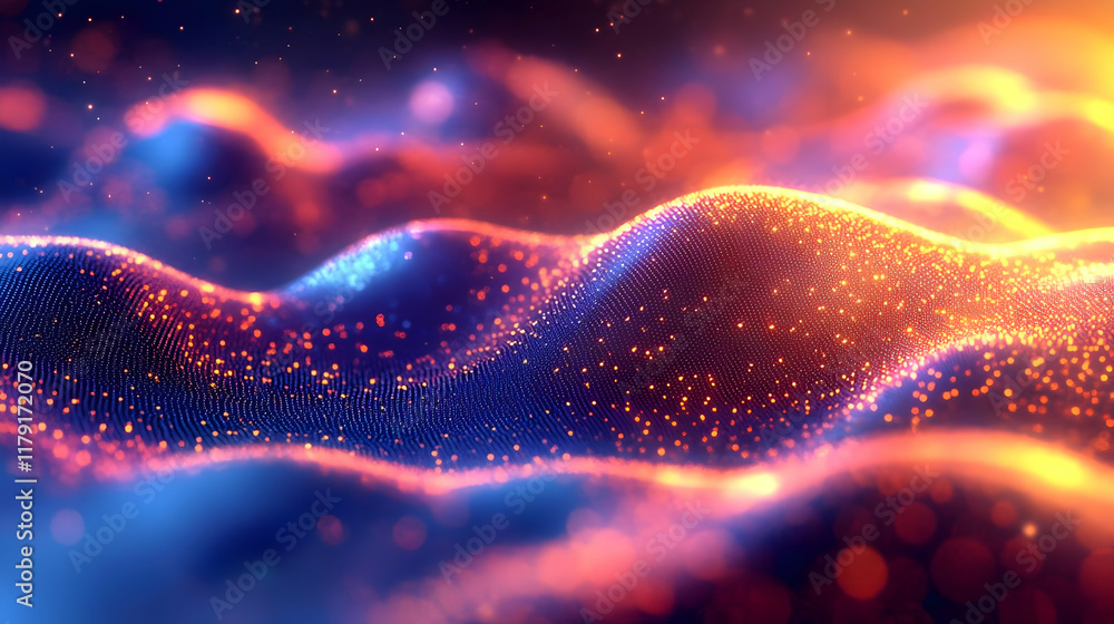 Poster abstract background shows colorful wavy surface with glowing particles and bokeh effect.