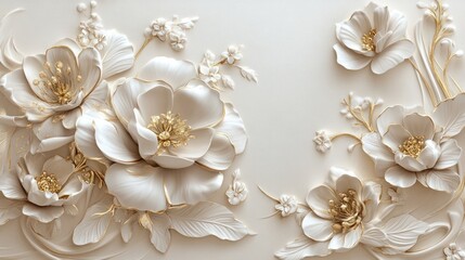 A luxurious 3D floral design with intricate details and gold accents, set on a creamy light-toned background