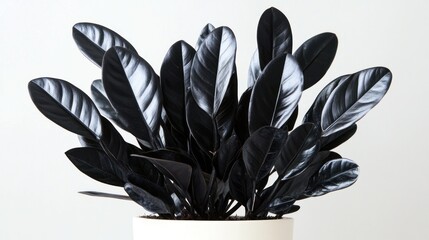 Black plant in white pot against white background.