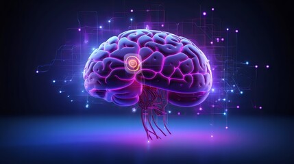 Glowing human brain on dark purple neon background, symbolizing neural activity, advanced cognitive processes, and the intersection of technology and the human mind